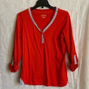 L.L. Bean Women's Red Long Sleeve Top with Gray Accents